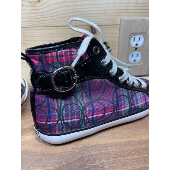 Coach Britney Women's Pink, Purple & Blue Monogram Hi Top Sneakers with Buckle A - Picture 9 of 12